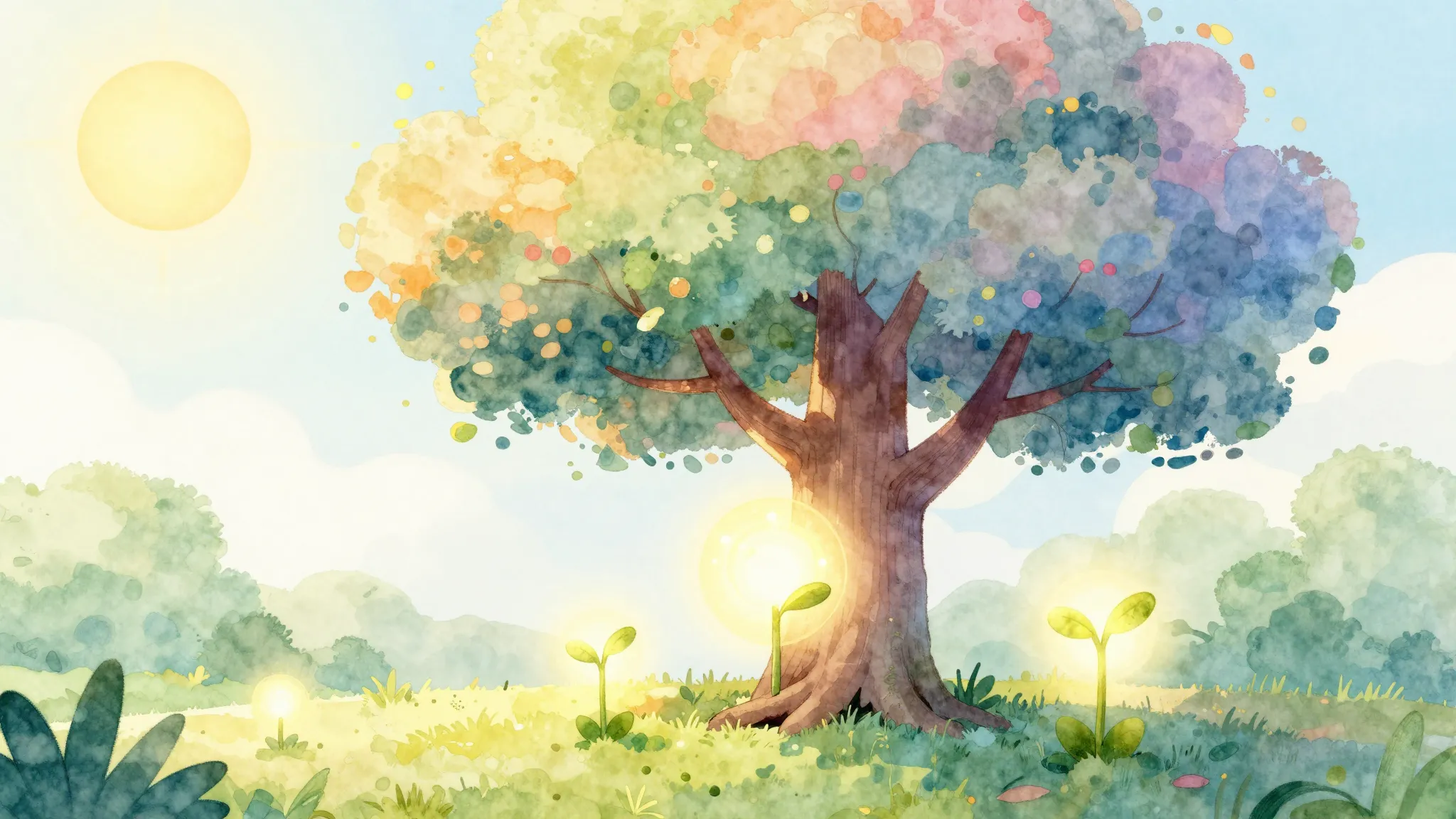 Watercolor style. A bright, abstract illustration showing a ...