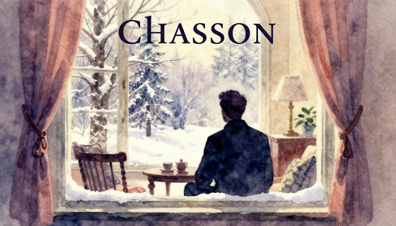 Vibrant watercolor style. Chanson album cover, snowy Februar...