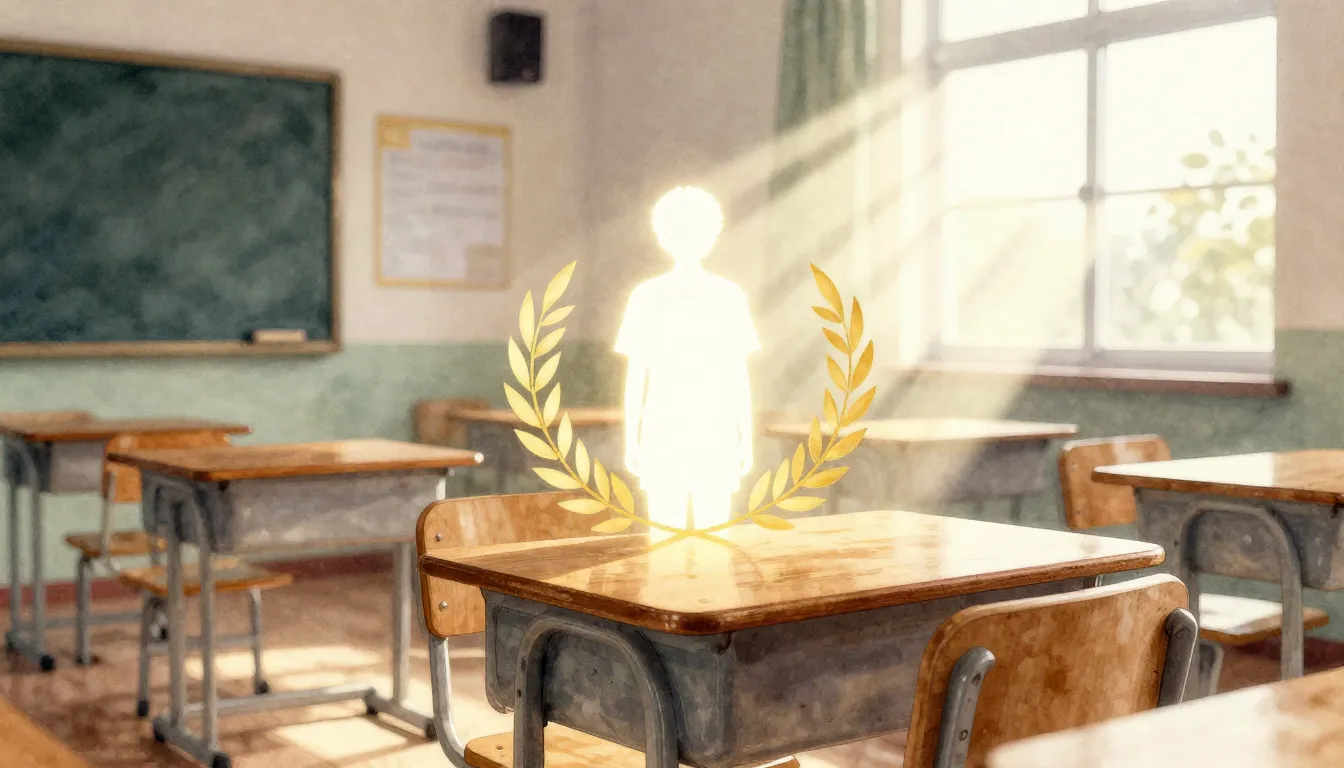 Watercolor style. A wooden school desk in a sunlit classroom...