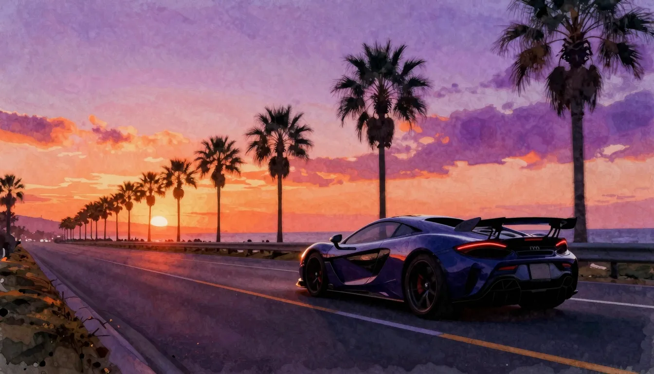 Watercolor style. A silhouette of a fast sports car speeding...