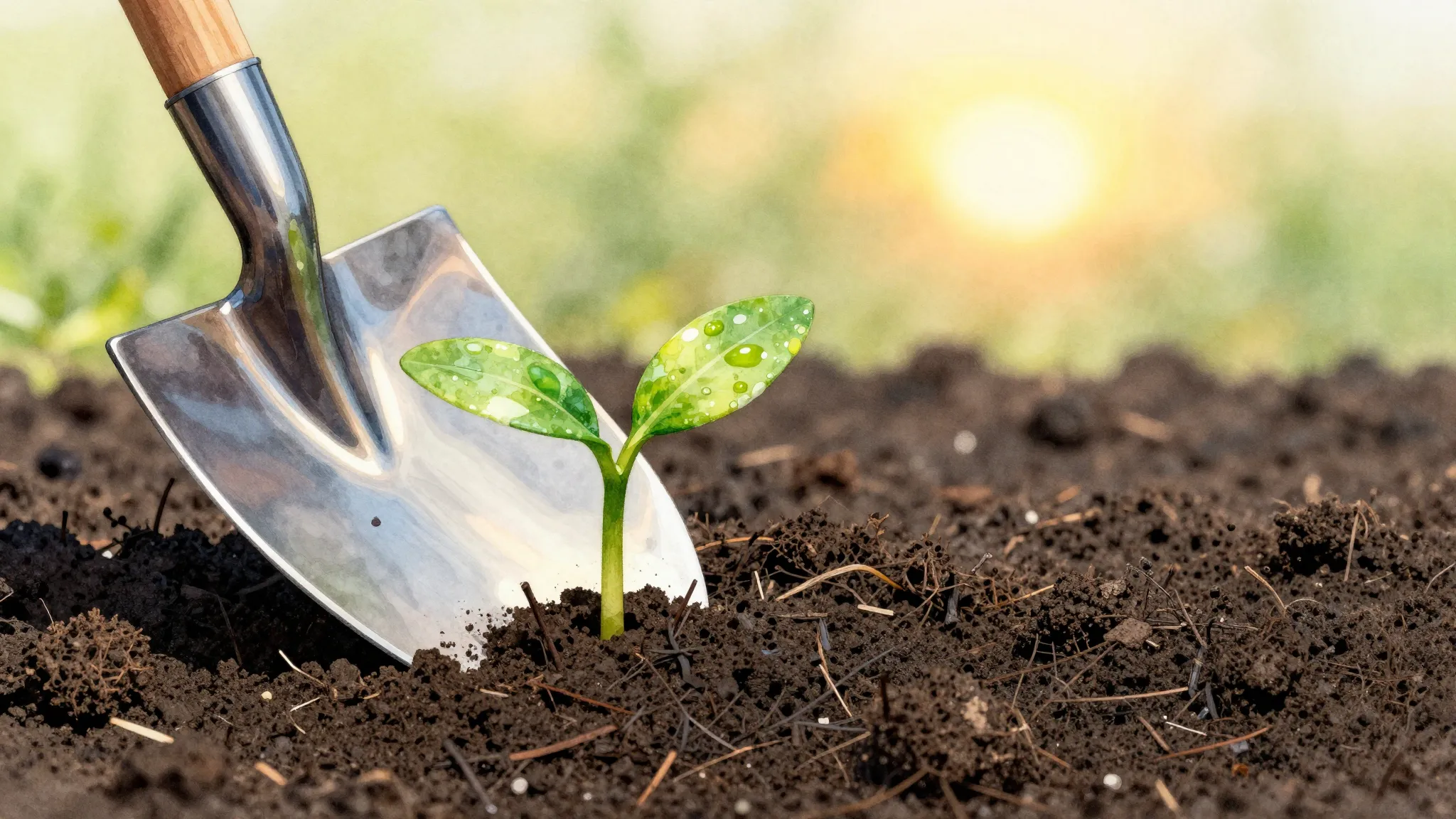 Vibrant watercolor style. A stylized, sharp, gleaming shovel...