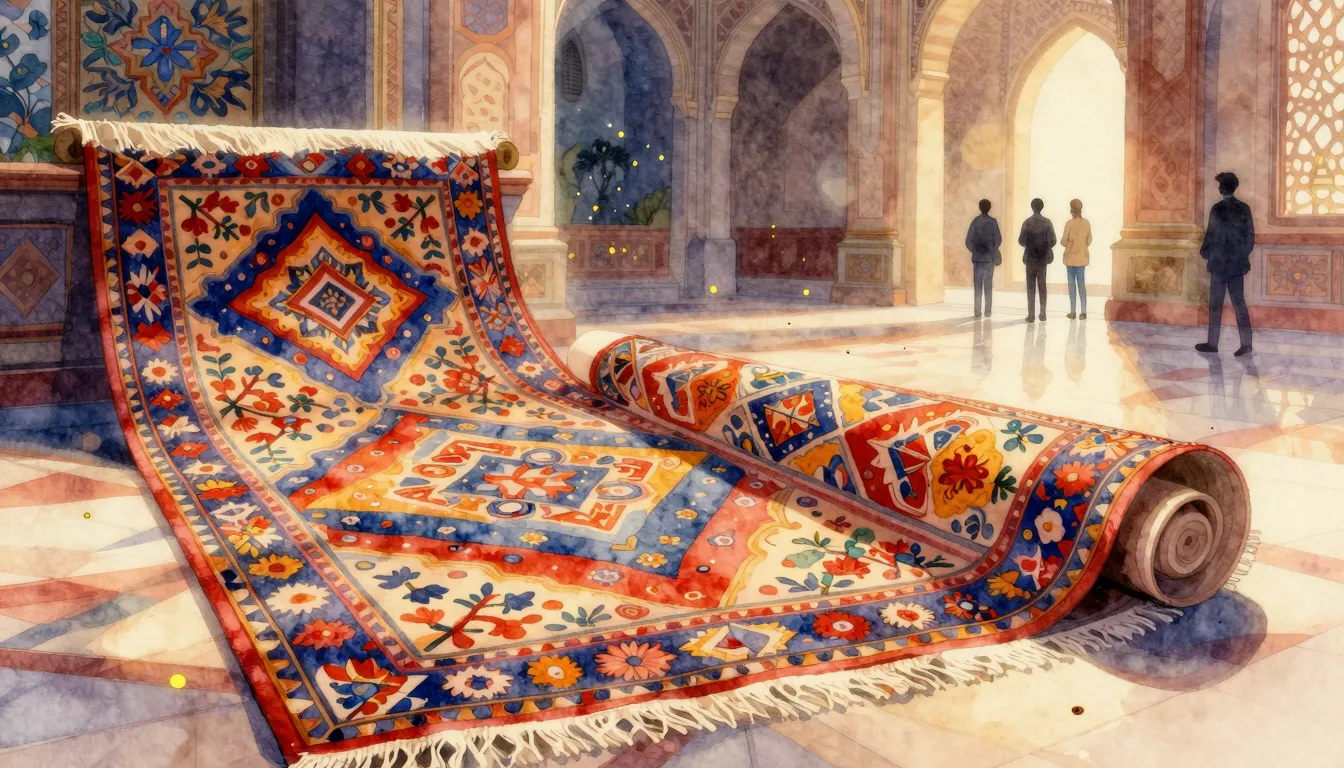 Watercolor style. A vibrant, colorful handmade carpet with i...