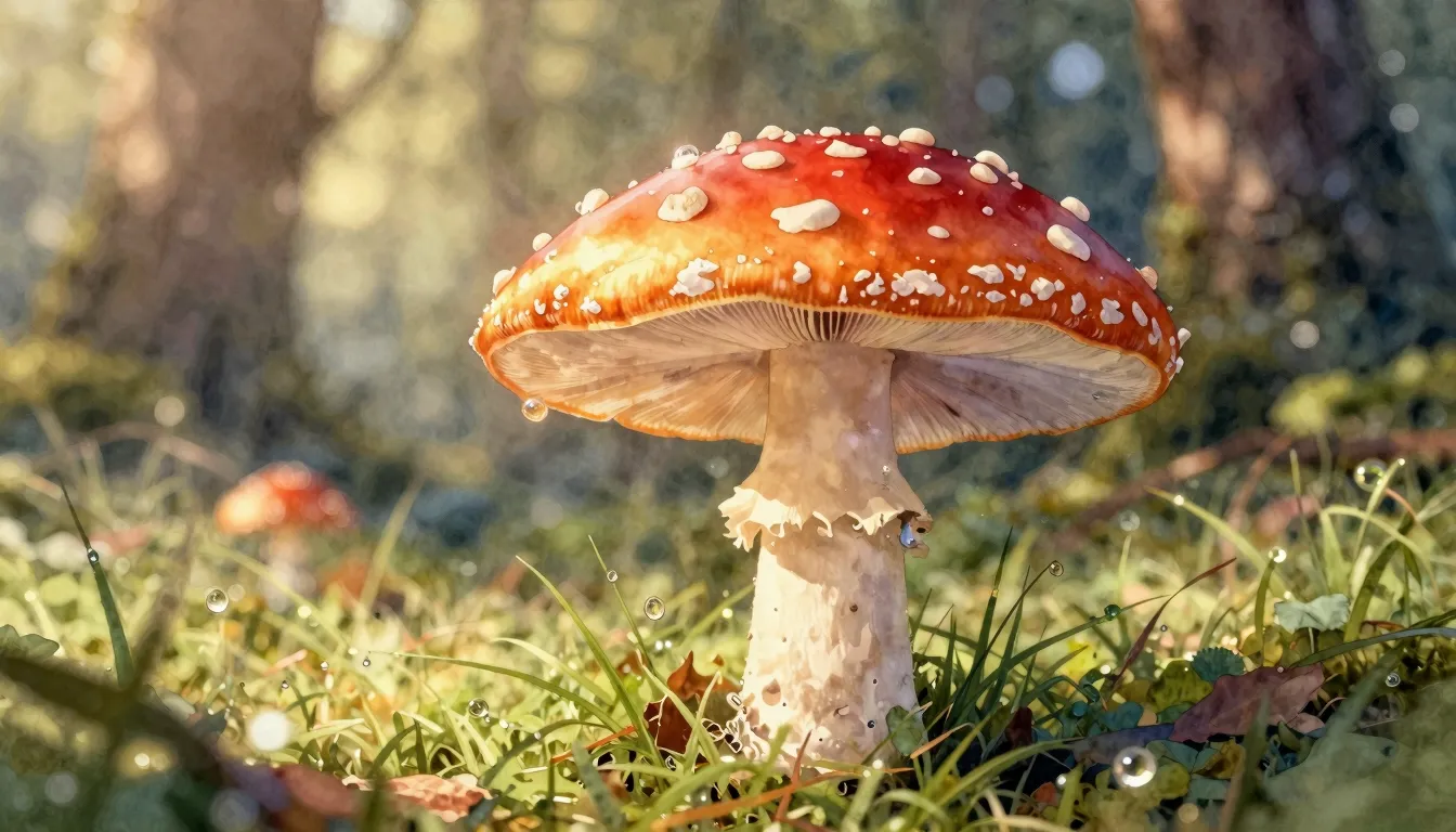 Watercolor style. Close-up of a beautiful fly agaric mushroo...
