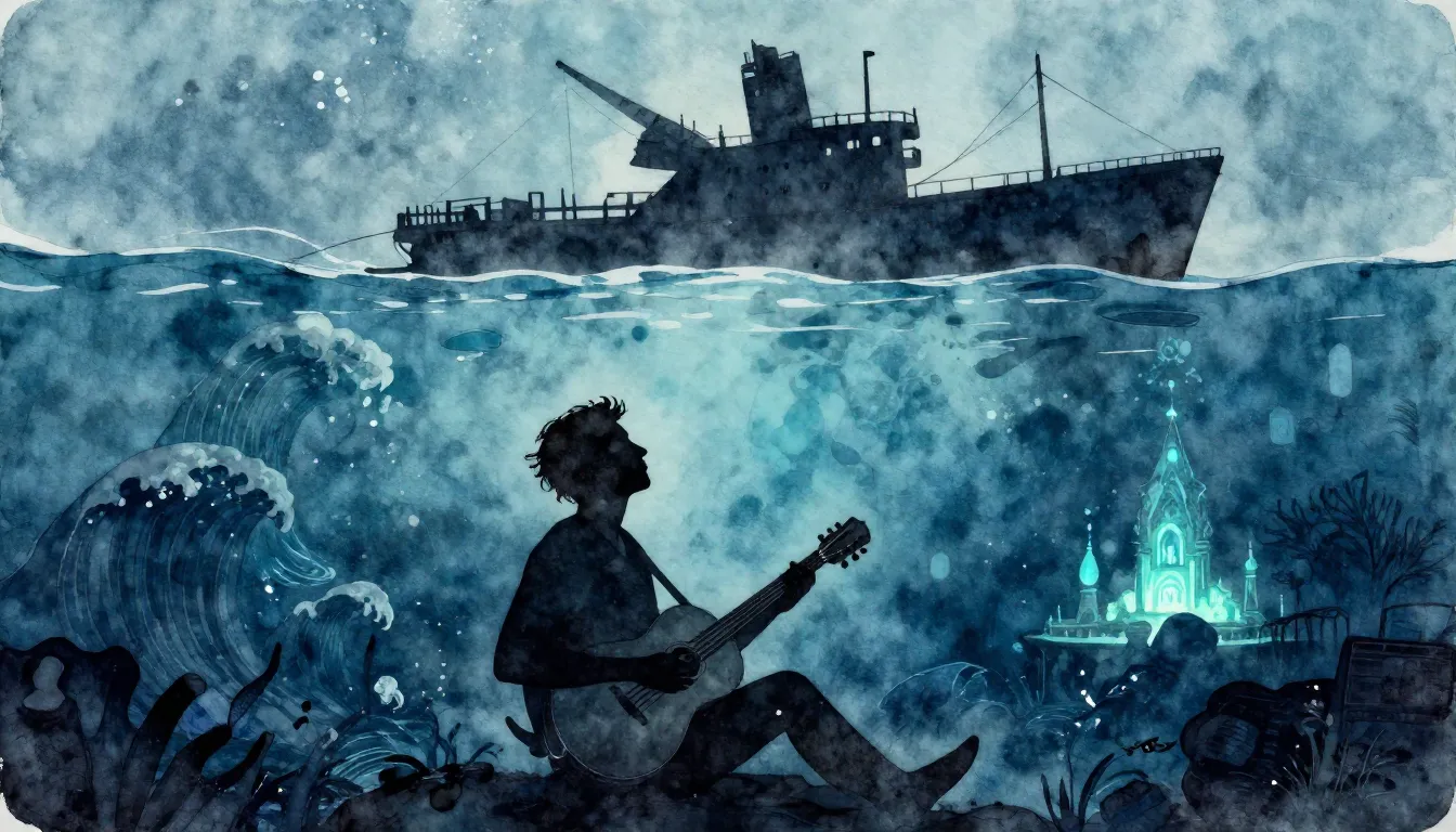 Watercolor style. Silhouette of a man with a stringed instru...