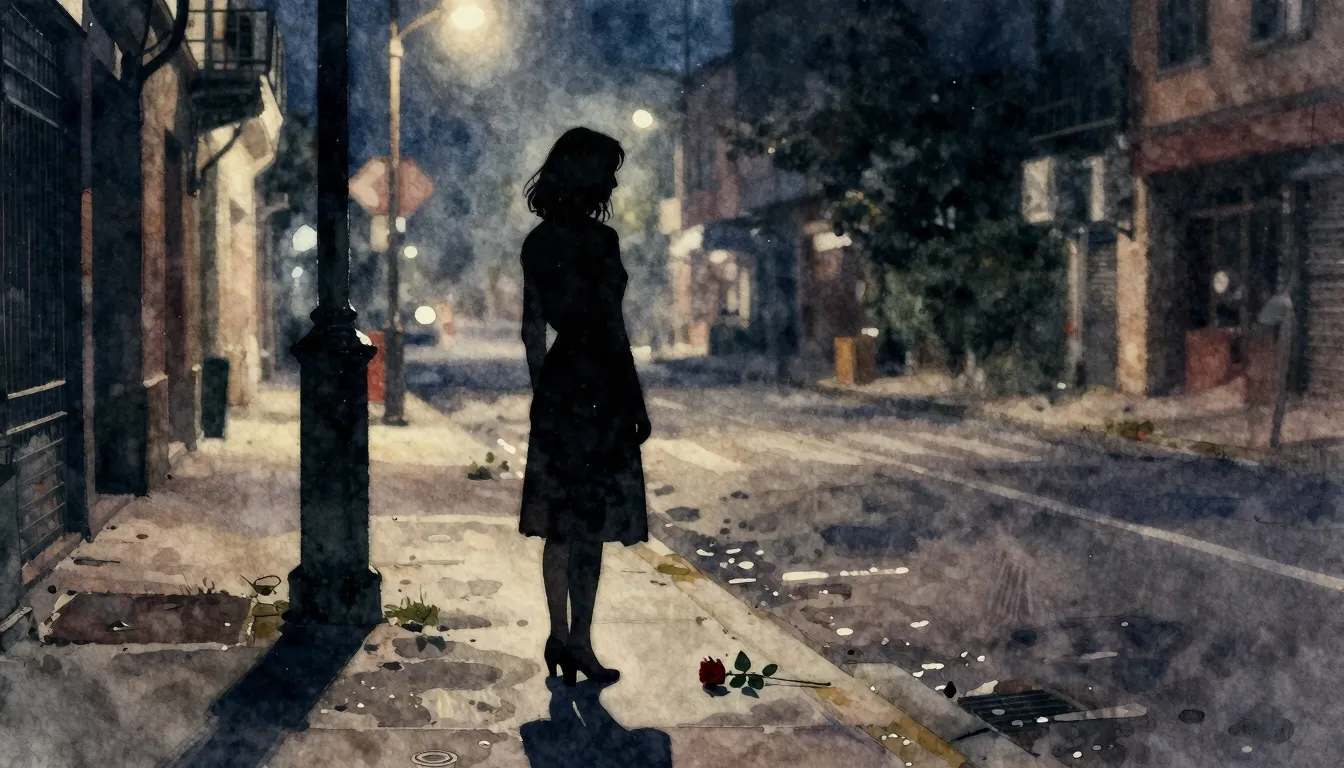 Watercolor style. A silhouette of a woman standing on a diml...