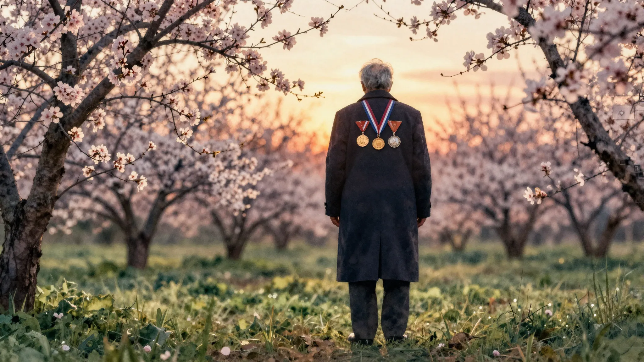 Watercolor style. A silhouette of an elderly person in a lon...