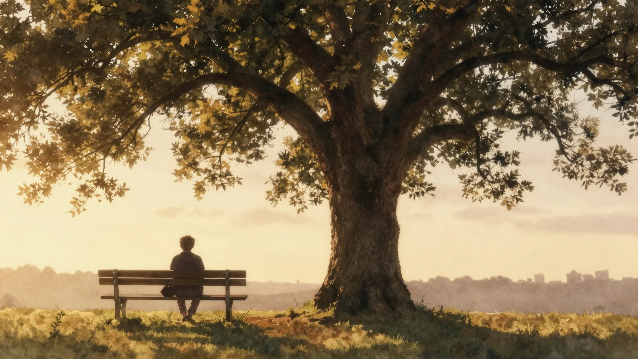 Watercolor style. A silhouette of a person sitting on a wood...