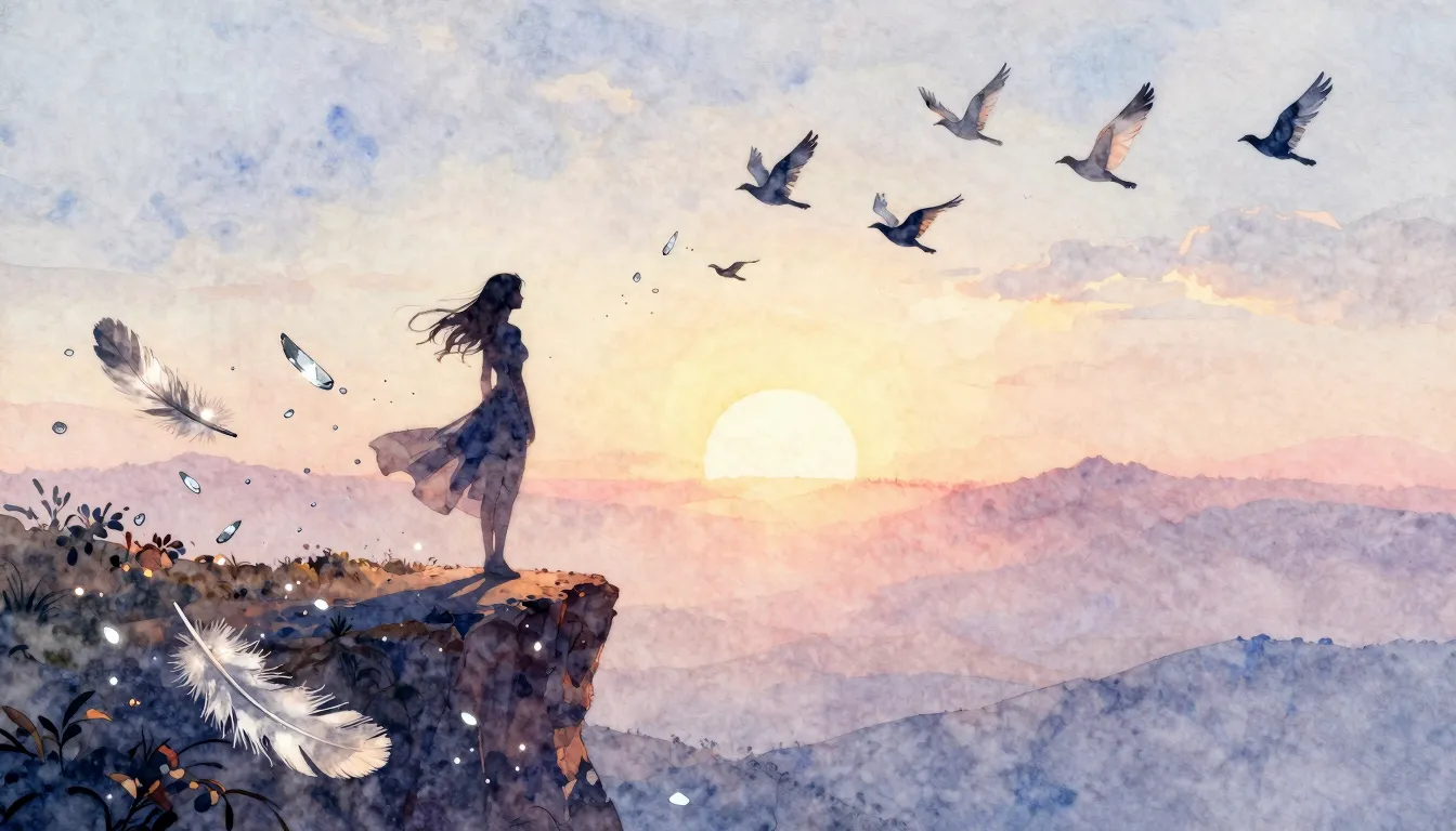 Watercolor style. A silhouette of a woman stands on a cliff ...