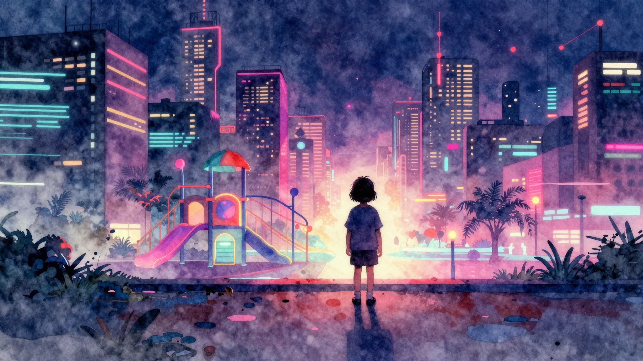 Vibrant watercolor style. Cyberpunk album cover, neon city a...