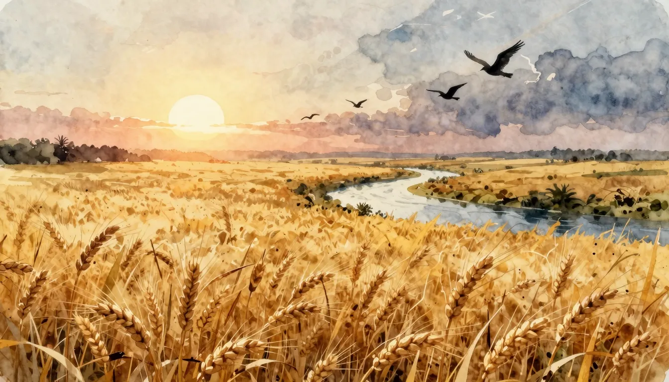 Watercolor style. A vast golden wheat field under a rising s...
