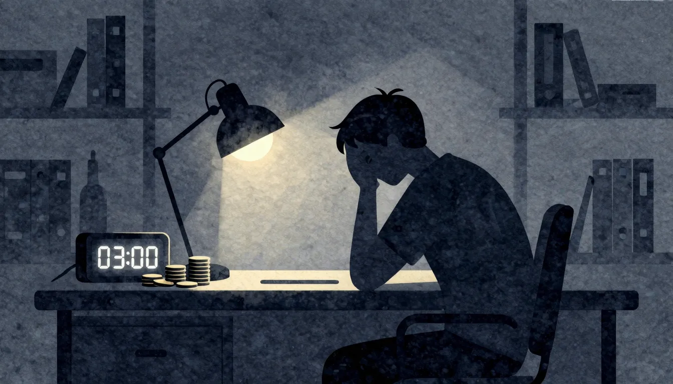 Watercolor style. Silhouette of a tired person sitting at a ...