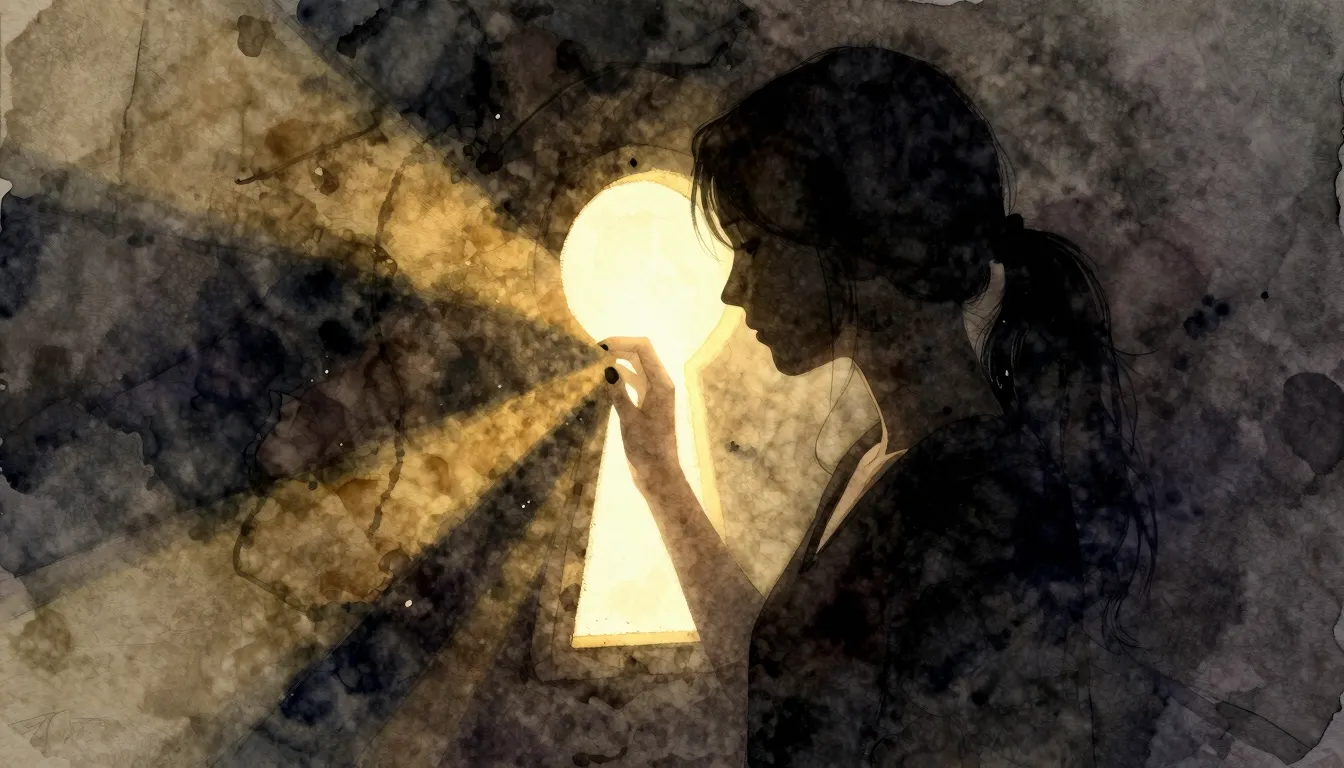 Watercolor style. A dark silhouette of a woman looking throu...