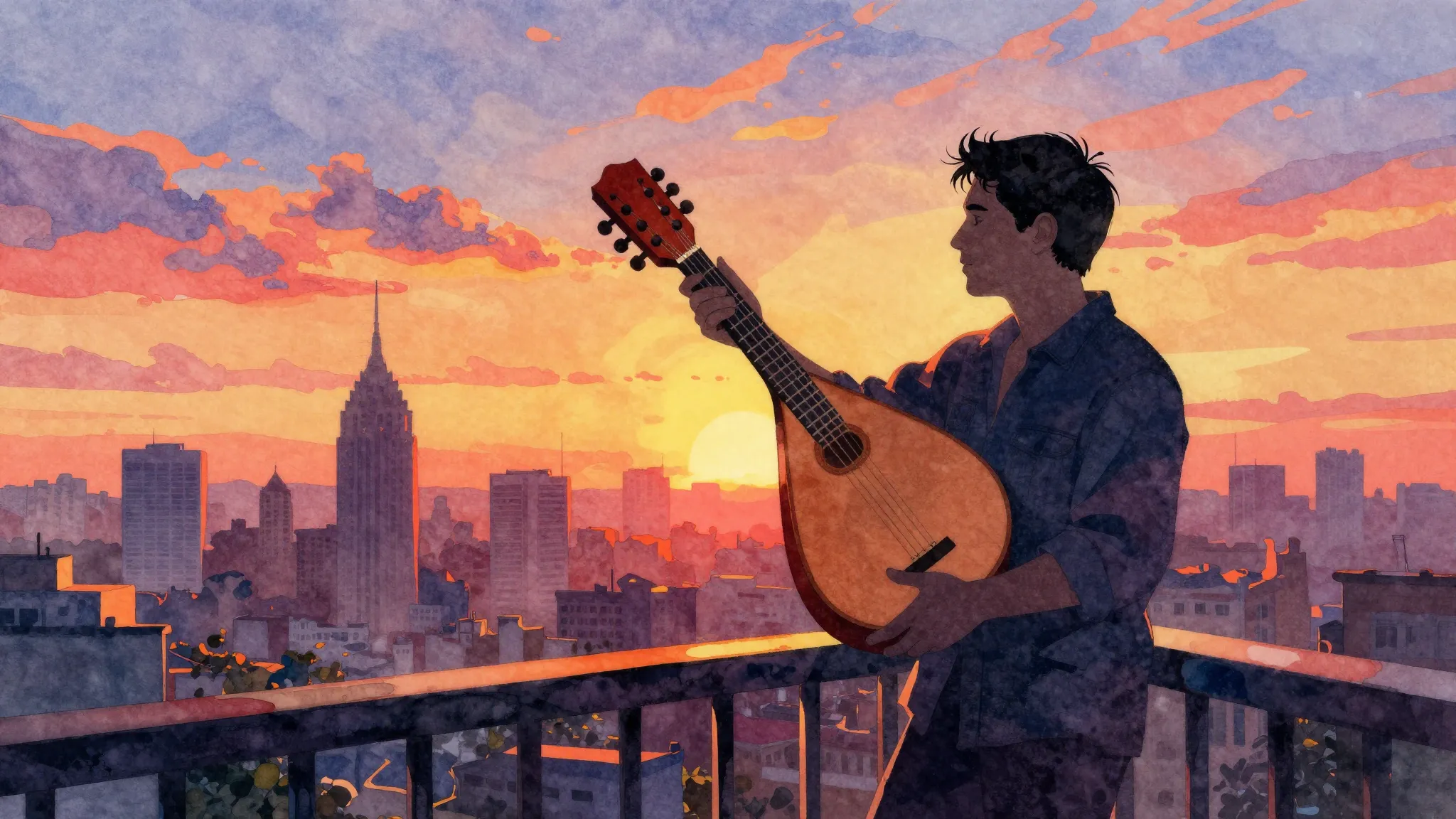 Watercolor style. A silhouette of a man holding a folk music...