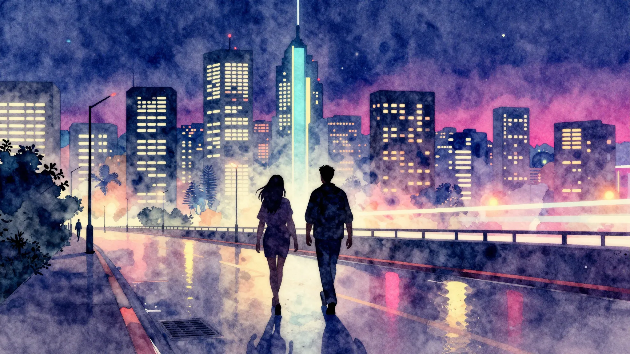 Watercolor style. A bright neon city skyline at night, glowi...