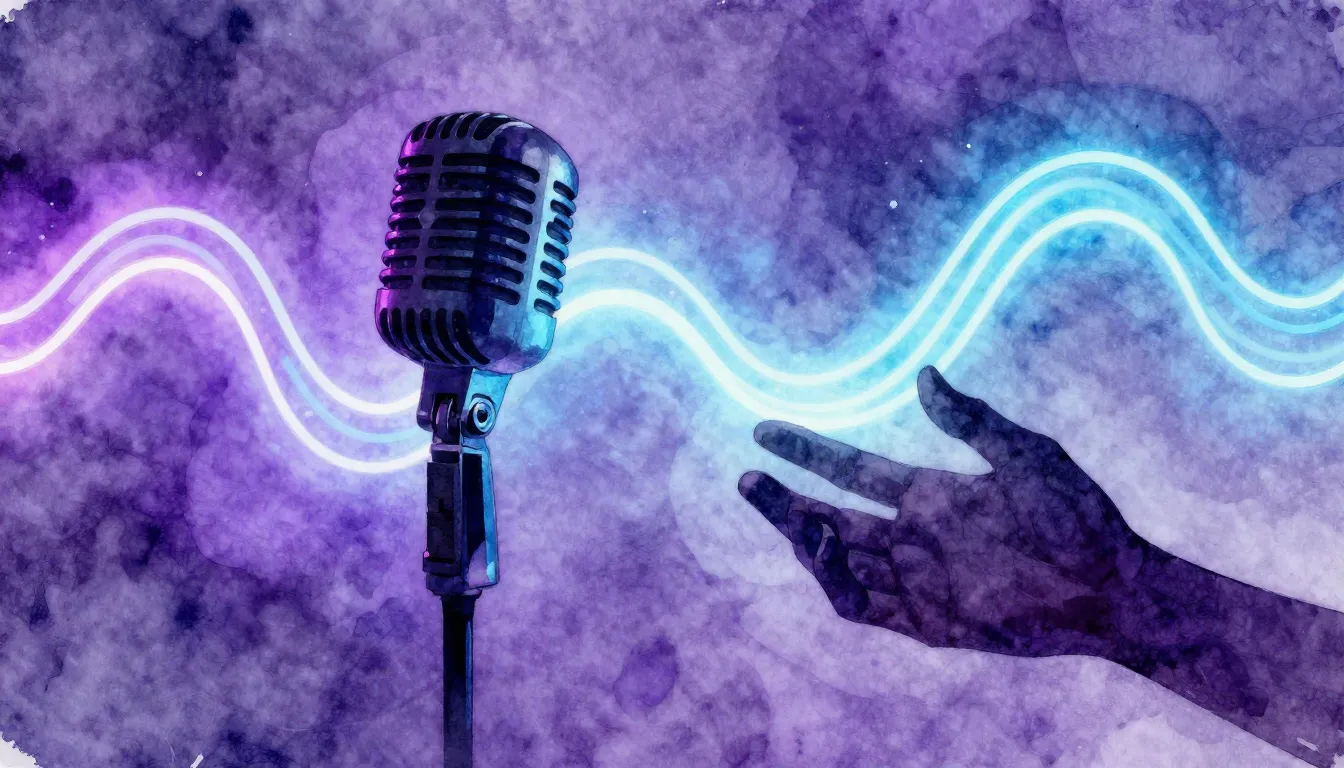 Watercolor style. A vintage microphone on a stand, silhouett...