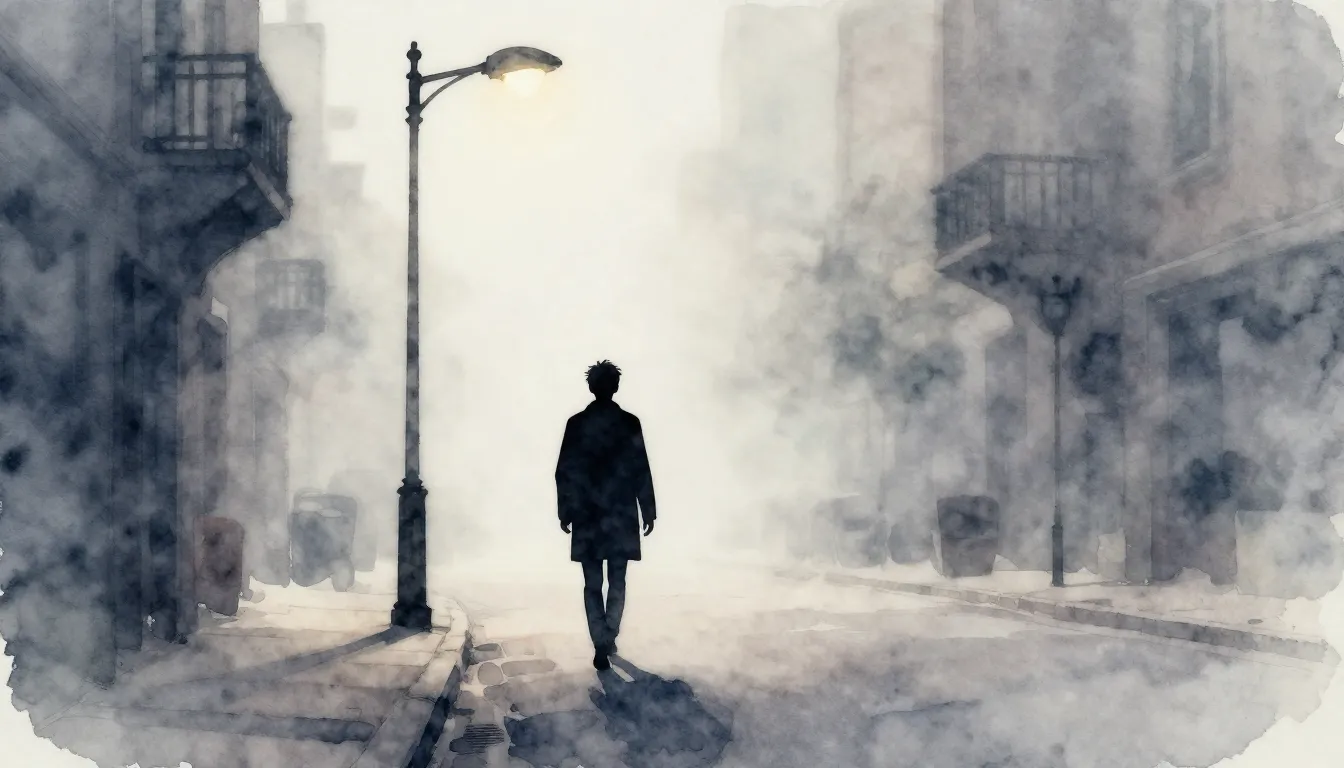 Watercolor style. A lonely silhouette walking through a mist...