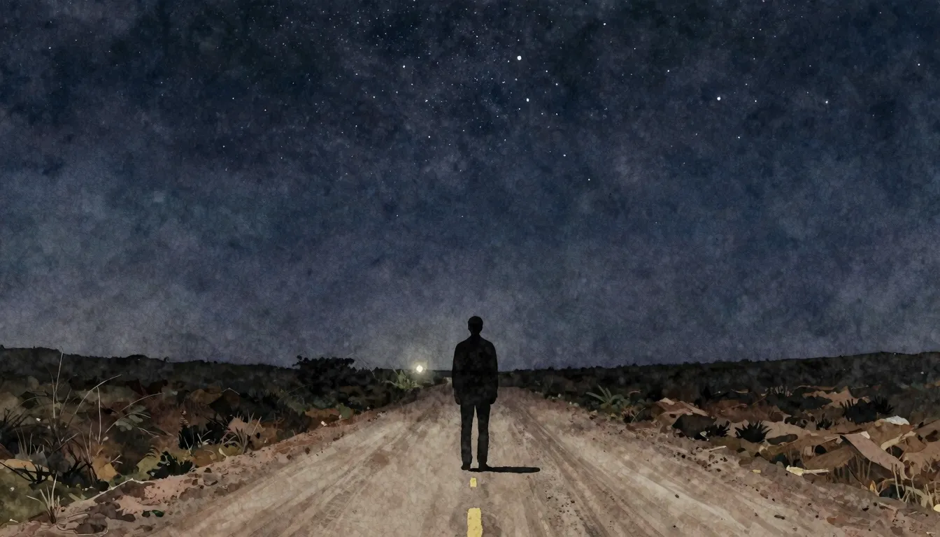 Watercolor style. A lonely silhouette of a man stands on a d...