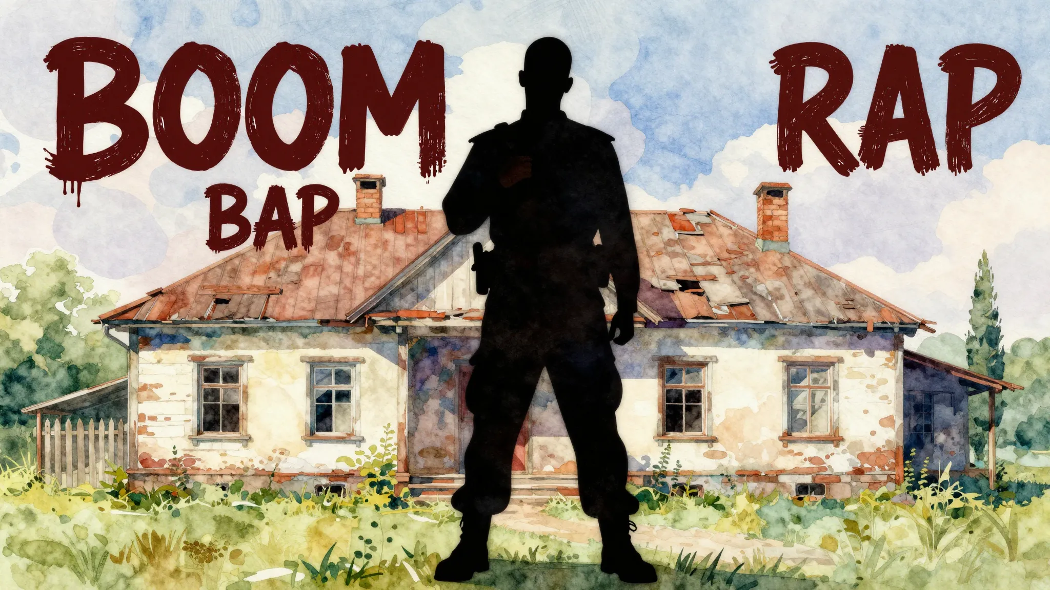 Vibrant watercolor style. Boom Bap Rap album cover. A silhou...