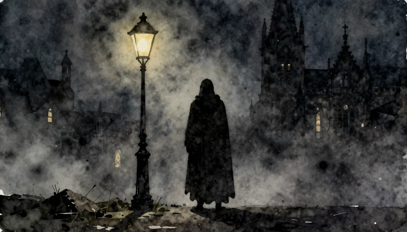 Watercolor style. A dark silhouette of a figure with a long ...