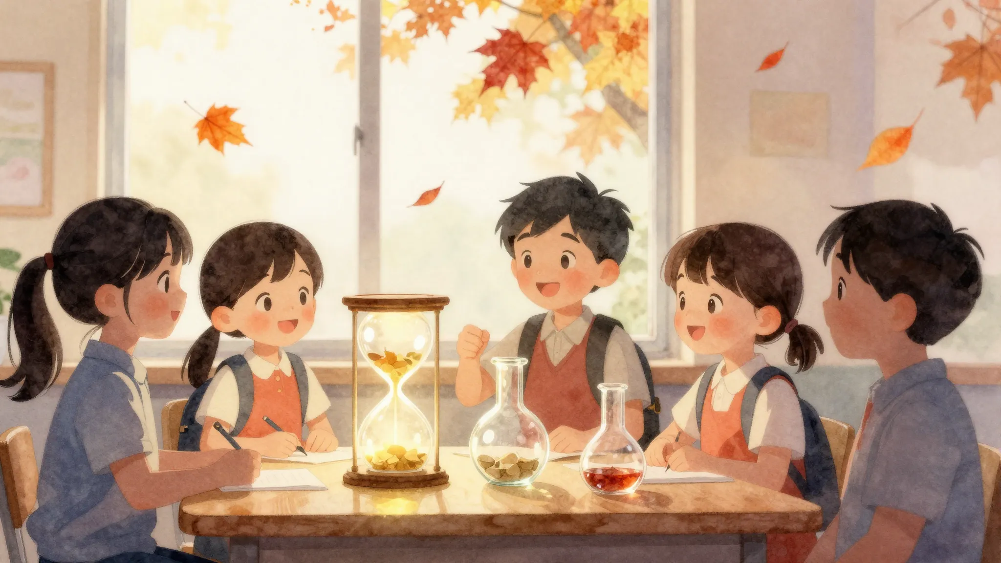 Watercolor style. Silhouettes of happy children standing aro...