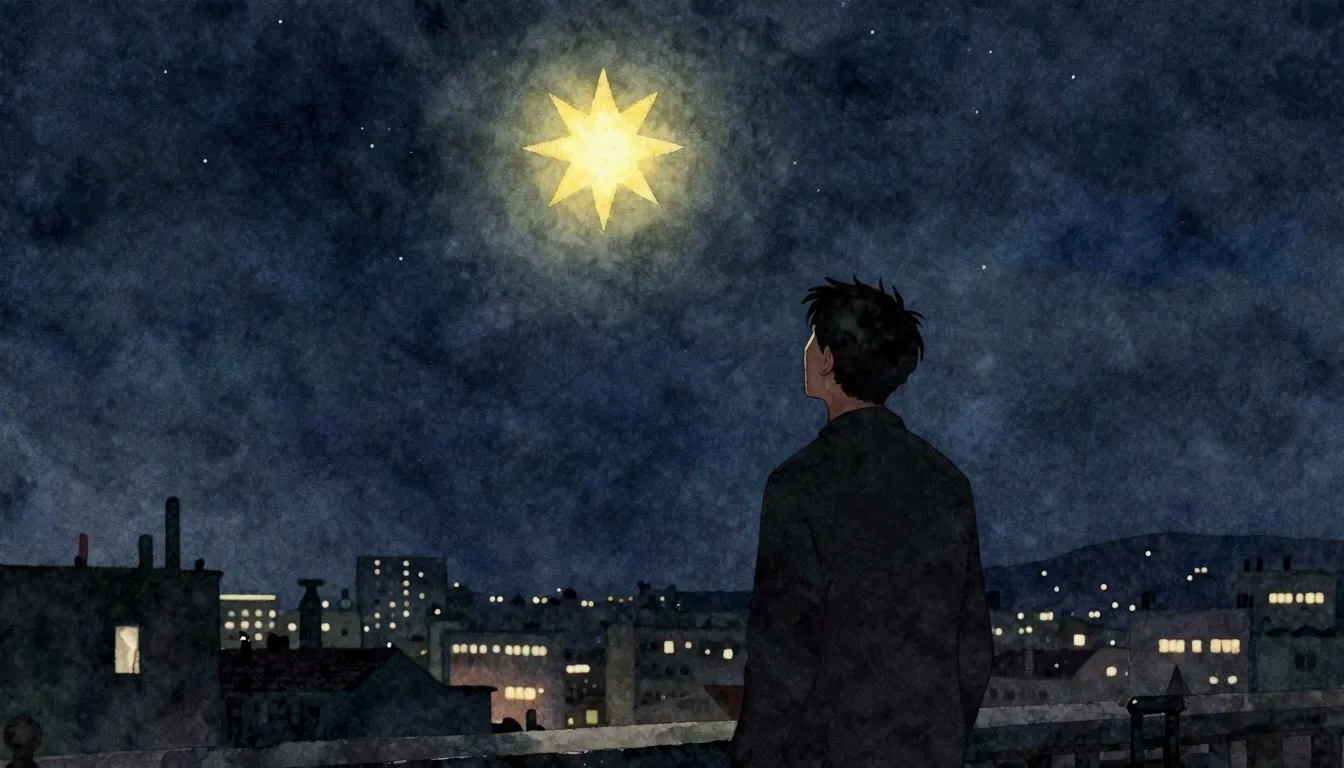 Watercolor style. A silhouette of a man looking at a single ...