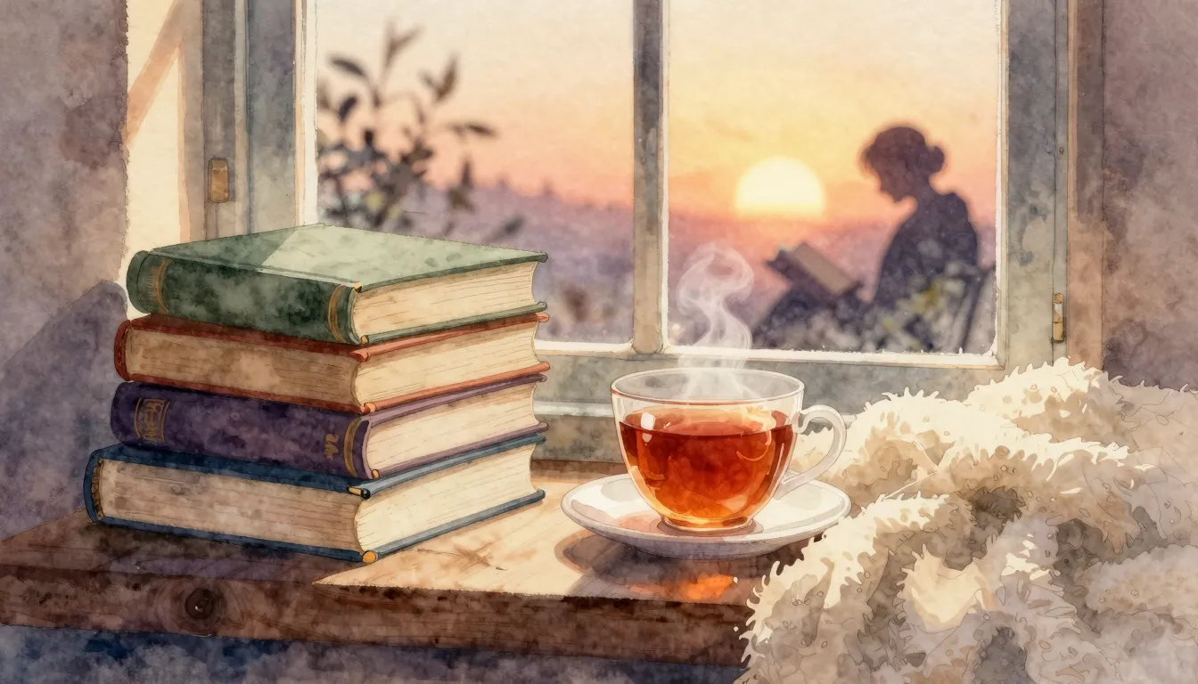 Watercolor style. A cozy reading nook with a stack of books,...