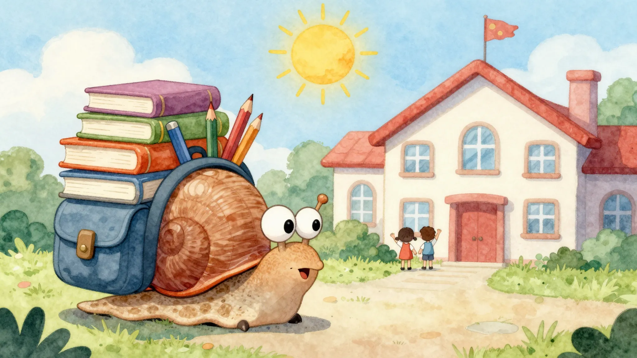 Watercolor style. A funny cartoon snail with a huge backpack...