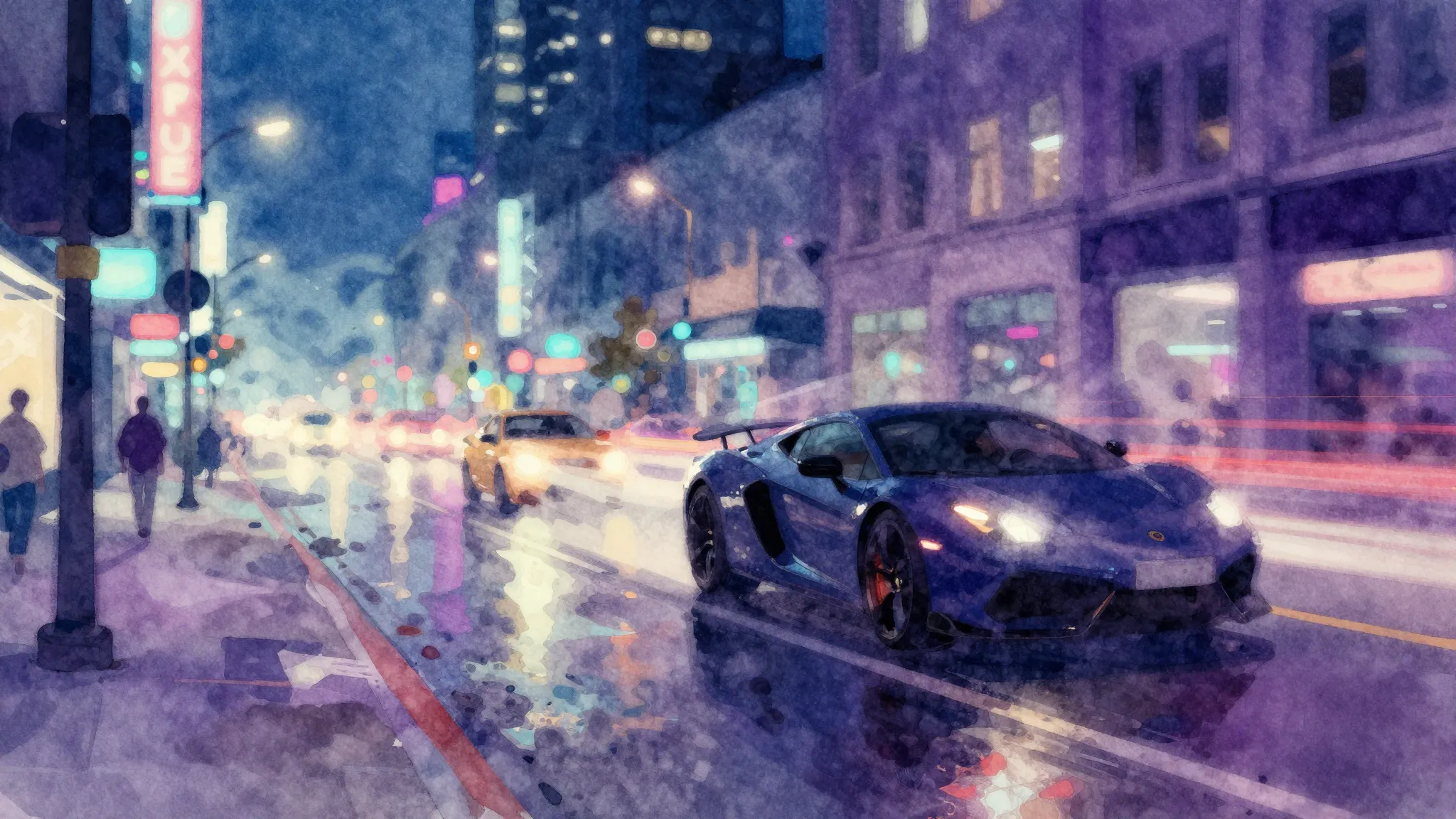 Vibrant watercolor style. Night city street, neon lights ref...