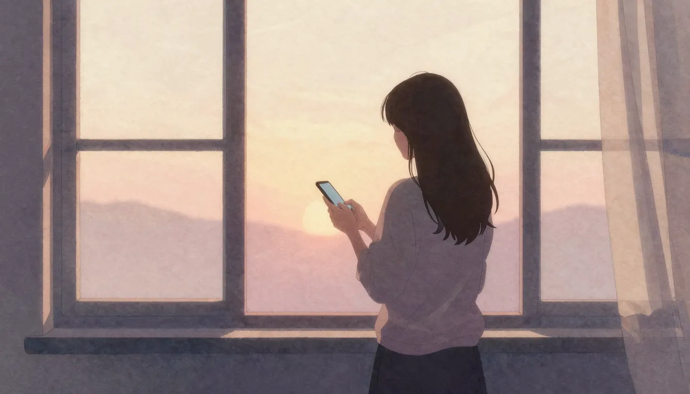 Watercolor style. A silhouette of a woman looking out a wind...