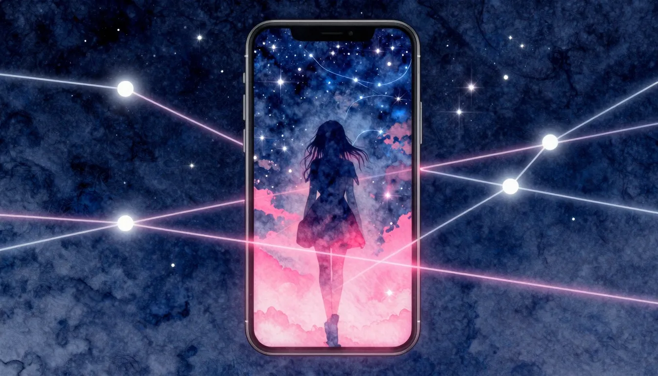 Watercolor style. A glowing smartphone screen showing a silh...