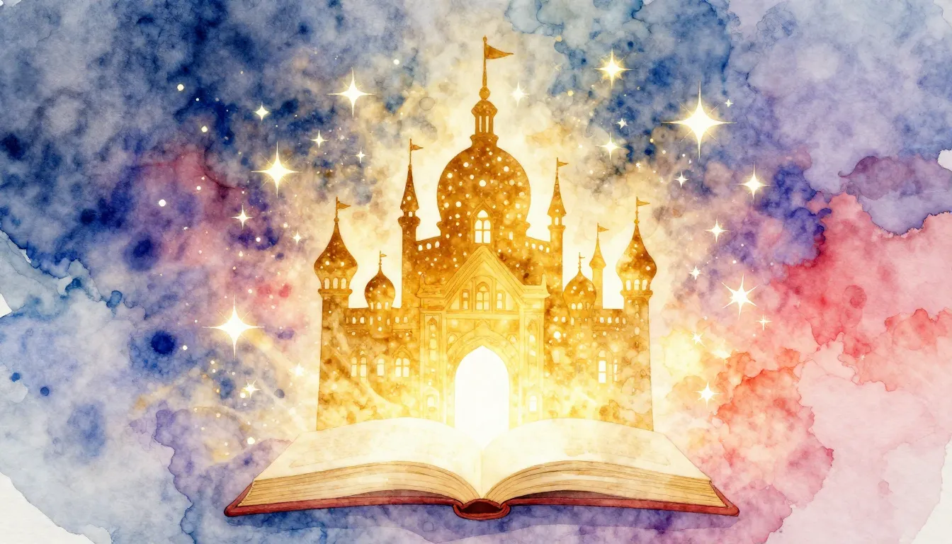 Watercolor style. A magical golden palace silhouette surroun...