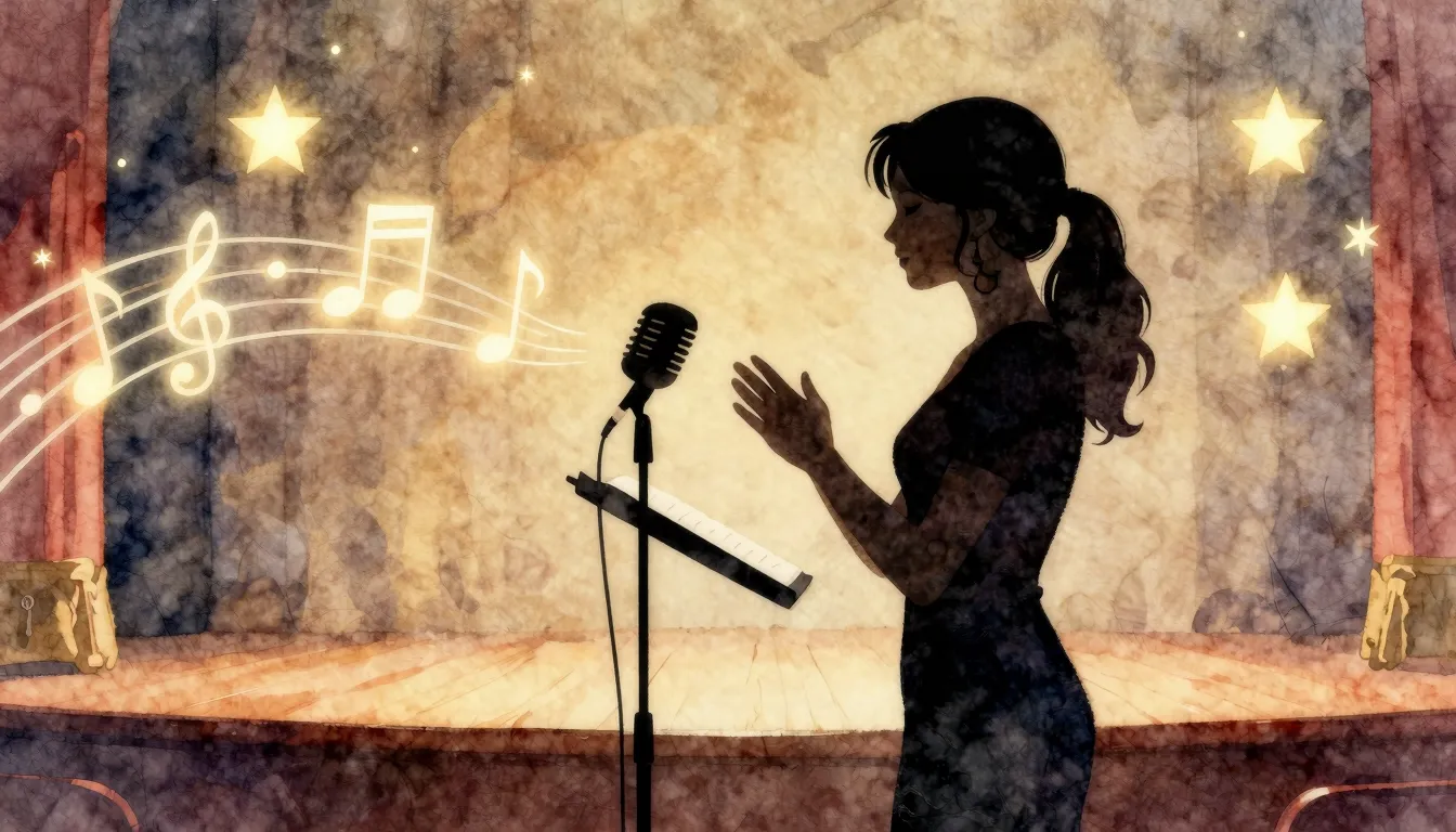 Watercolor style. A silhouette of a woman conductor standing...