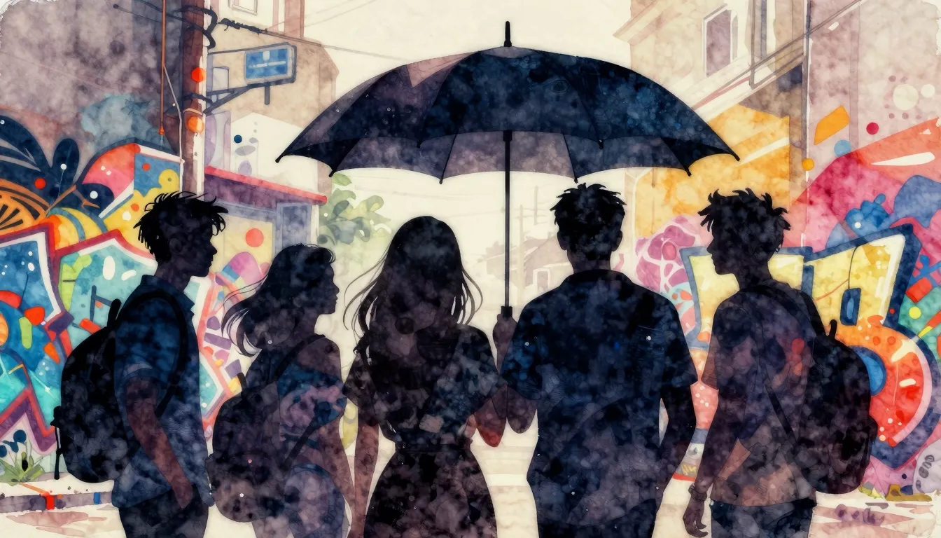 Watercolor style. A silhouette of a group of friends under a...
