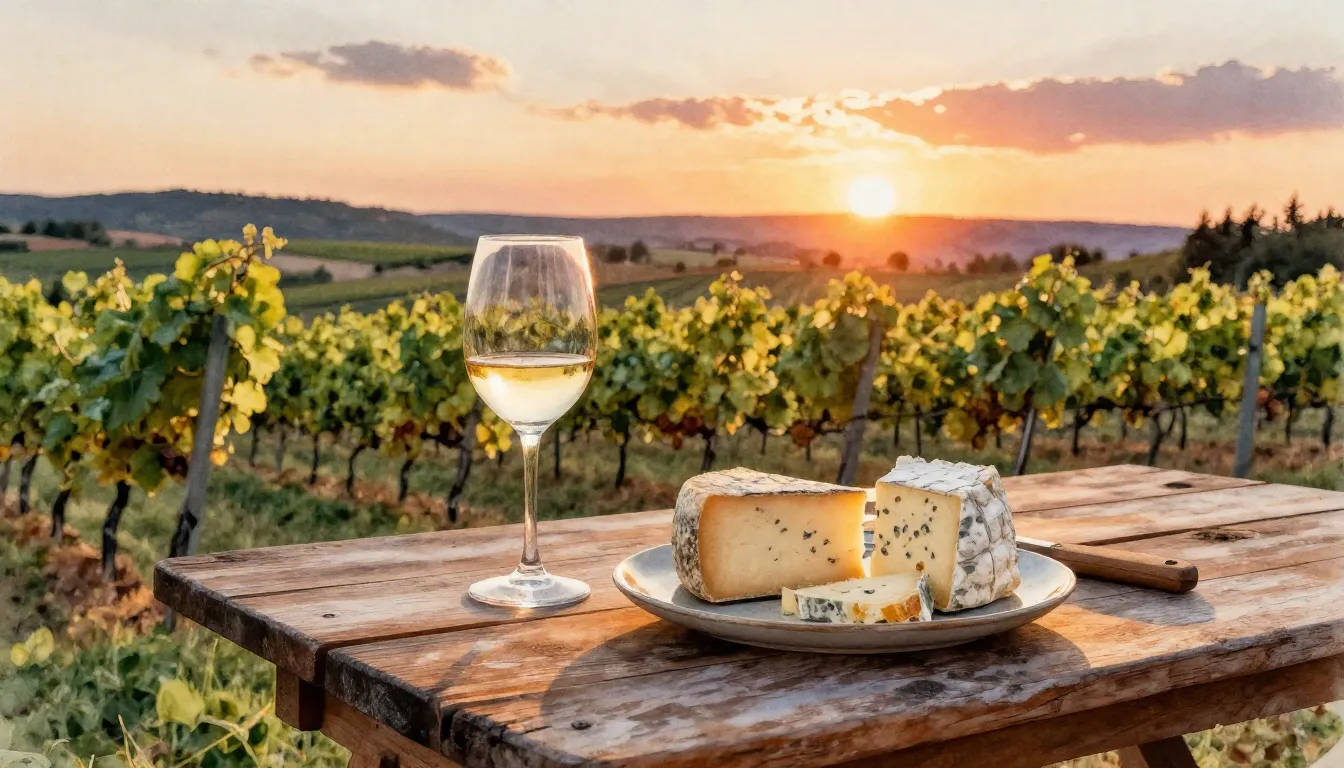 Watercolor style. A scenic vineyard landscape at sunset with...