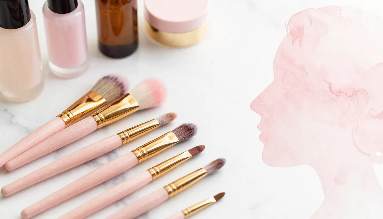 Watercolor style. Close-up of beauty tools like brushes and ...