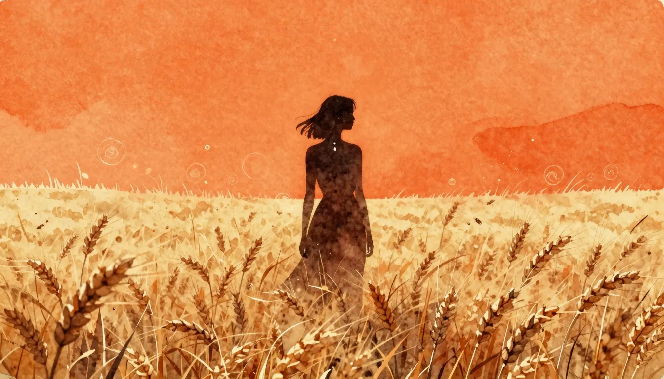 Watercolor style. A silhouette of a woman stands in a vast, ...