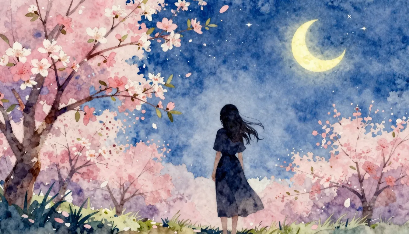 Watercolor style. A silhouette of a woman stands under a sta...