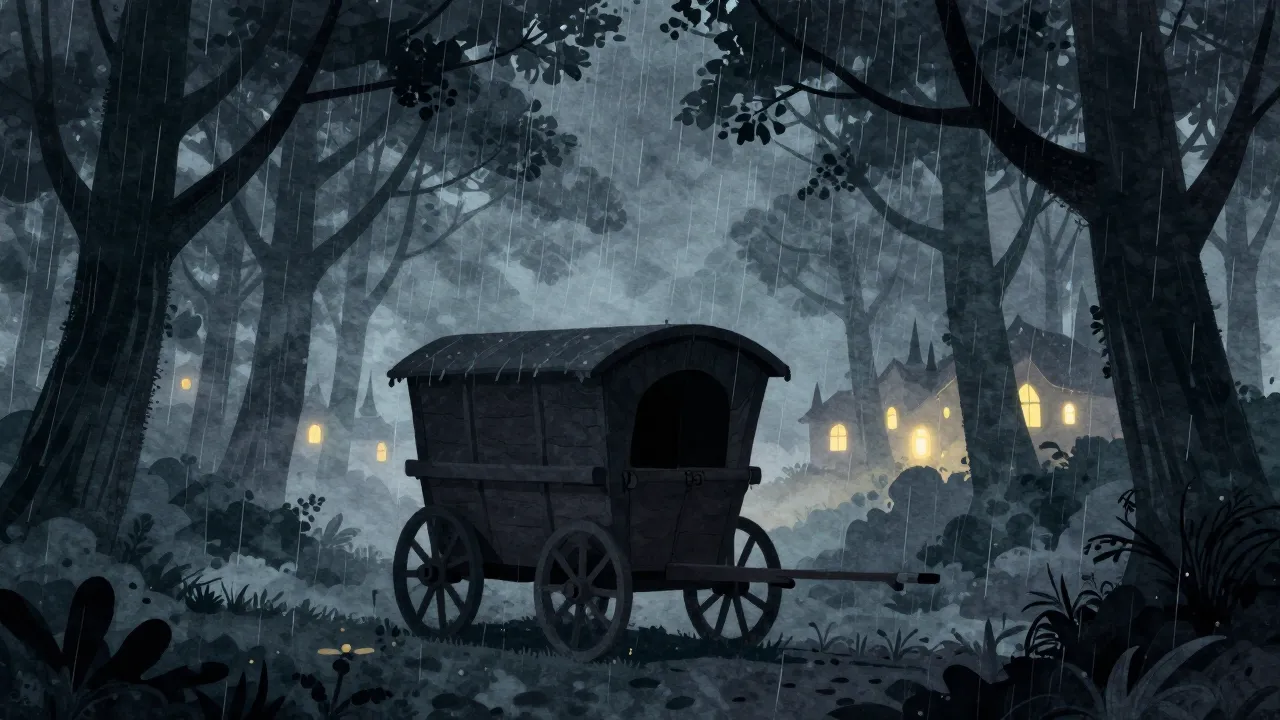Watercolor style. A dark medieval cart moving through a mist...