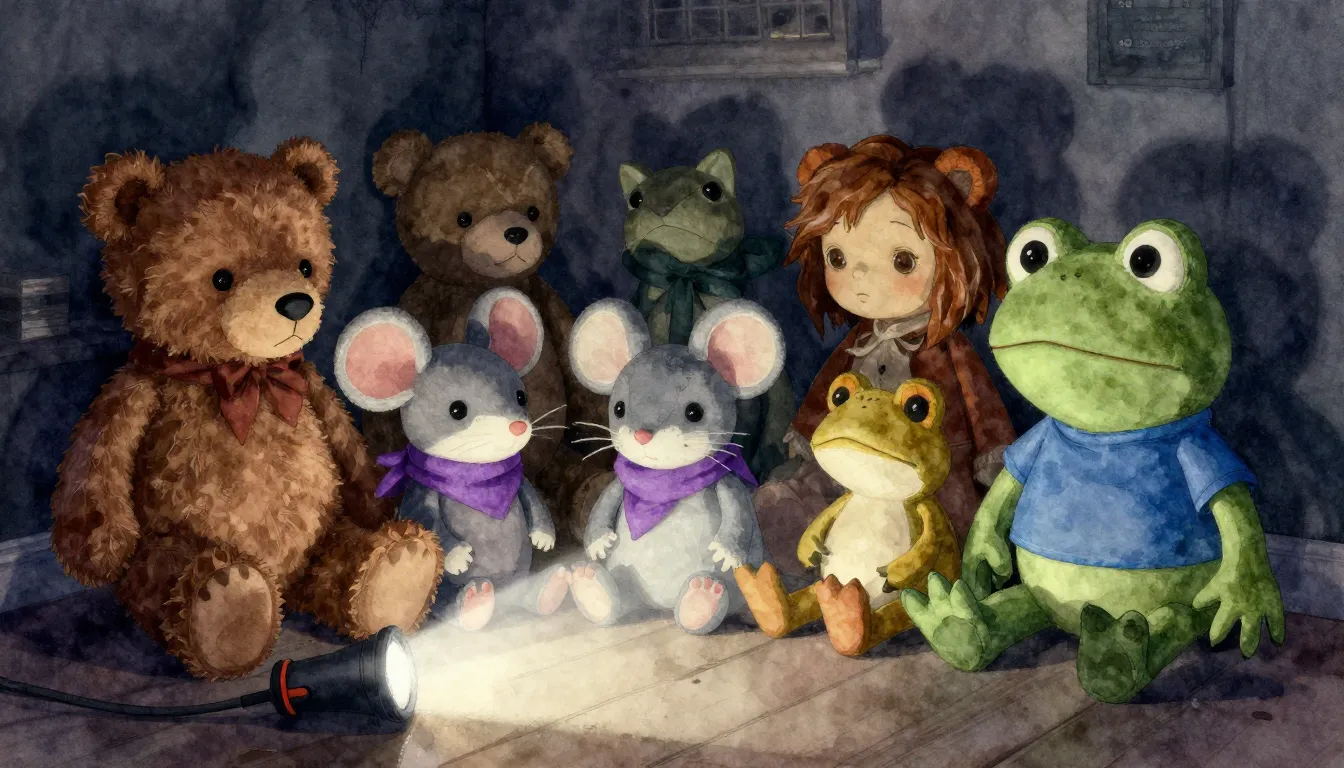 Watercolor style. A group of diverse plush toys including a ...