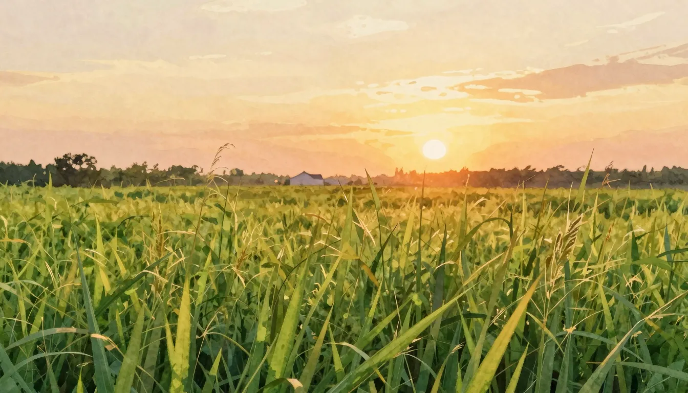 Vibrant watercolor style. A peaceful field of tall green gra...