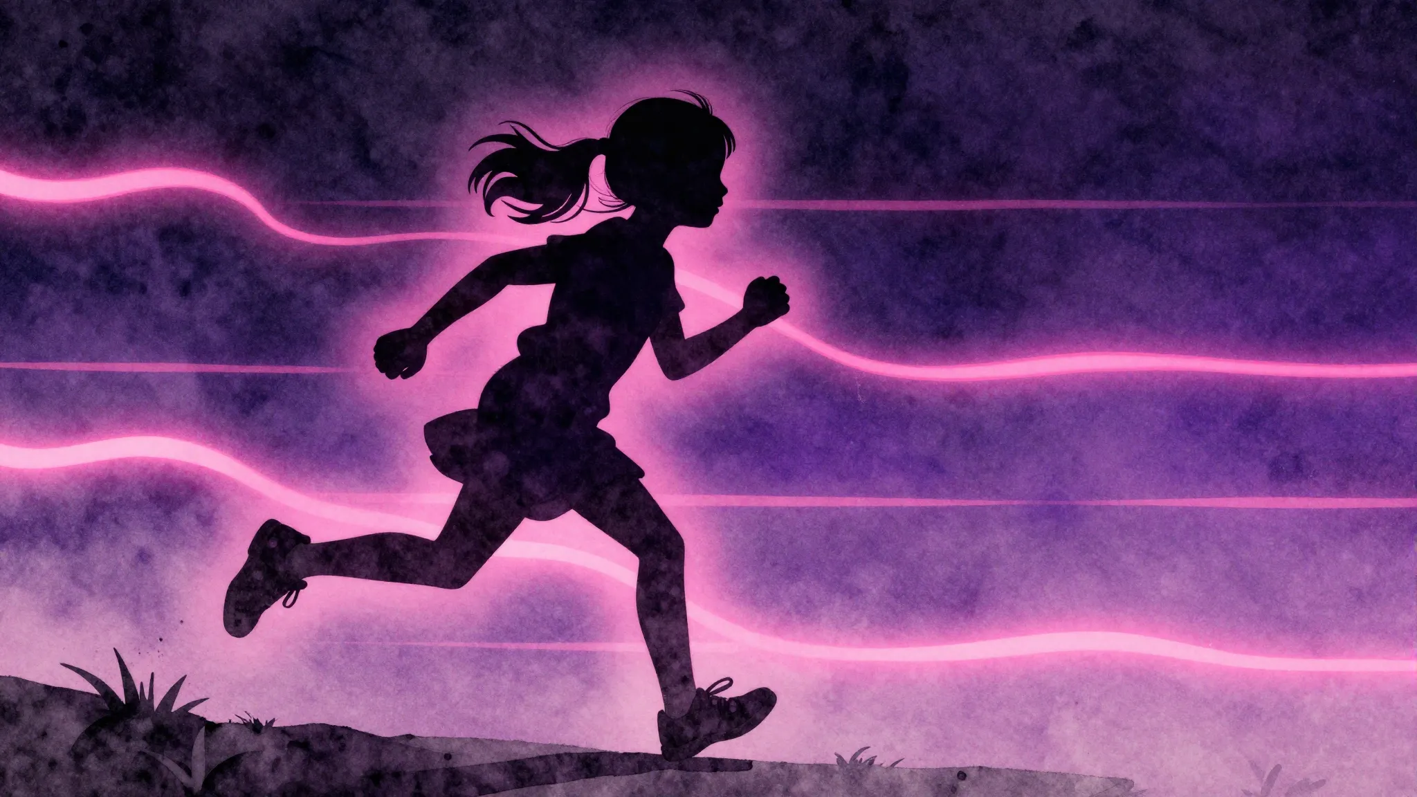 Watercolor style. Silhouette of a little girl running and pl...