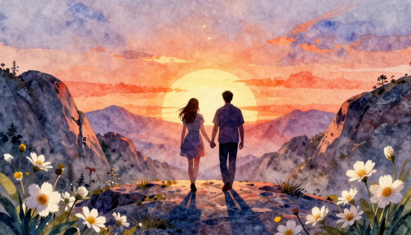 Vibrant watercolor style. Rock ballad album cover: silhouett...