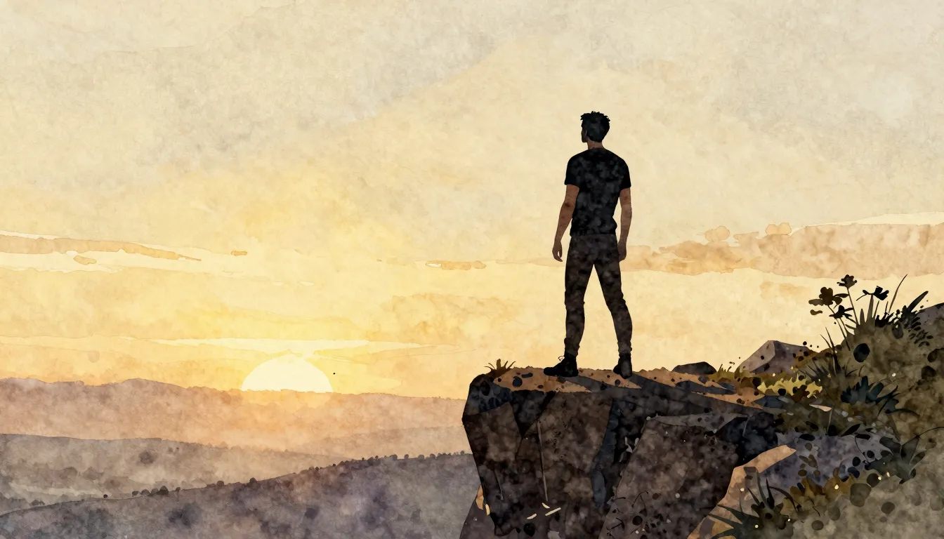 Watercolor style. A silhouette of a brave man standing on a ...