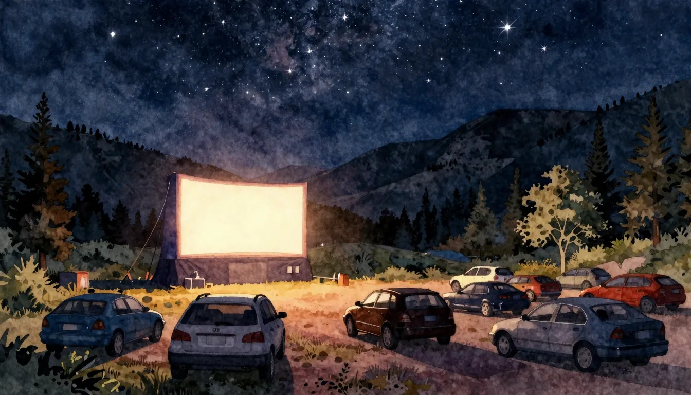 Watercolor style. A cozy drive-in cinema in a scenic mountai...