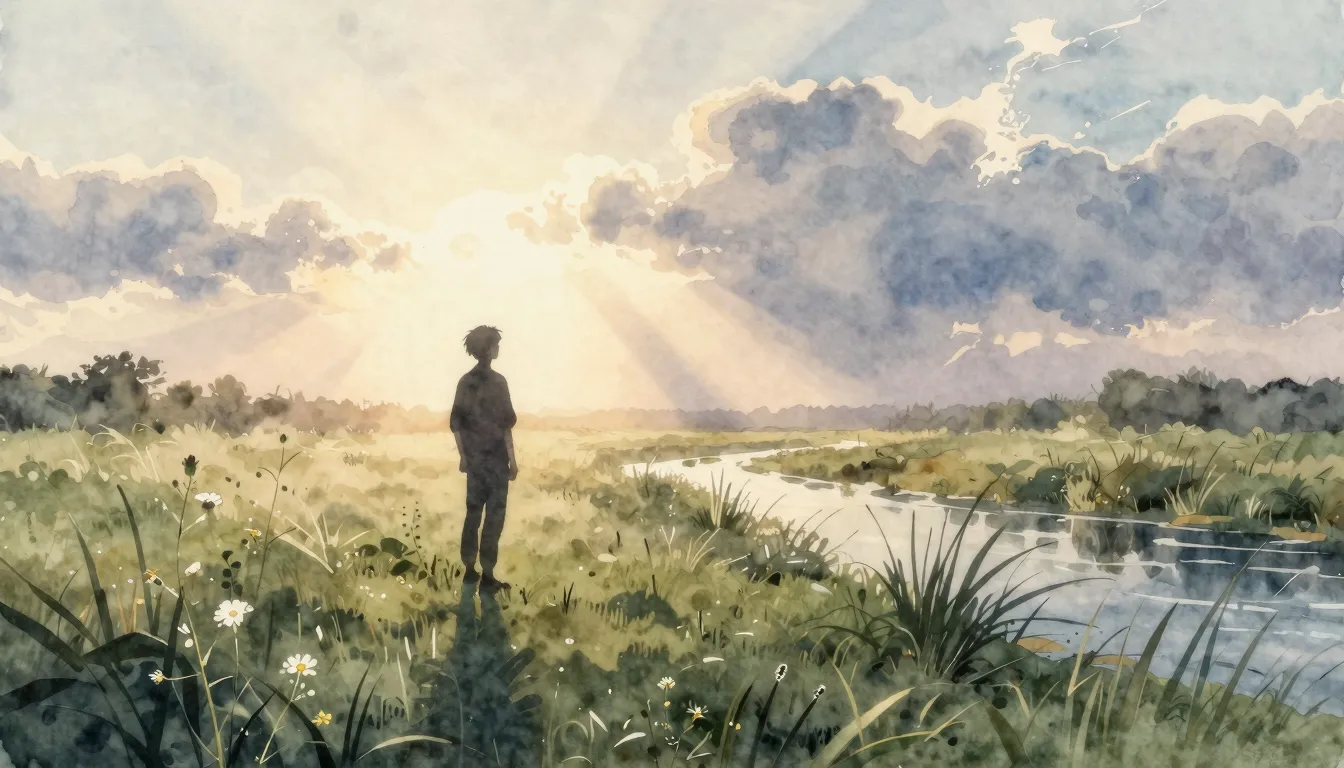 Watercolor style. A silhouette of a person standing in a fie...
