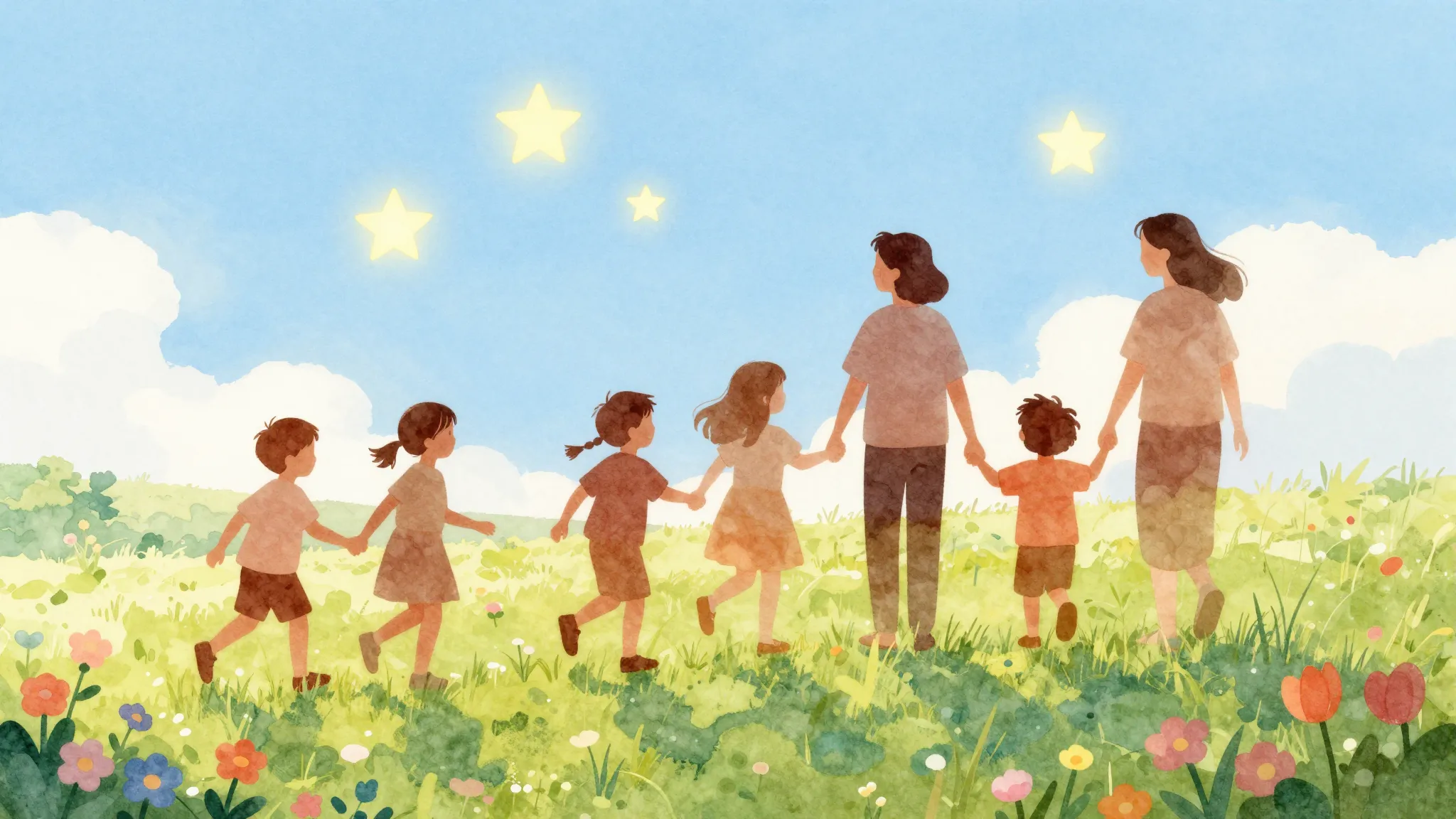 Watercolor style. Silhouettes of children, a teacher, and pa...
