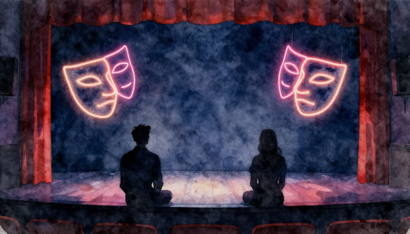 Watercolor style. A dark theater stage with two silhouettes ...