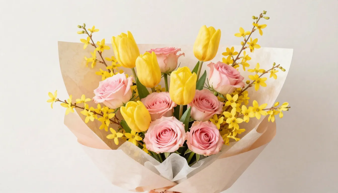 Watercolor style. A vibrant spring bouquet in designer packa...