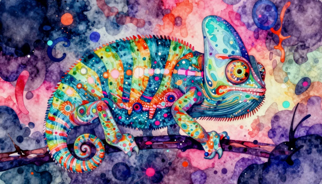 Vibrant watercolor style. EDM album cover, chameleon, vibran...