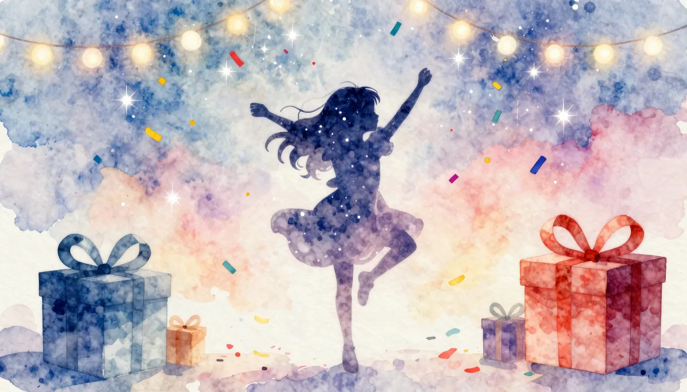 Watercolor style. A silhouette of a young girl joyfully danc...